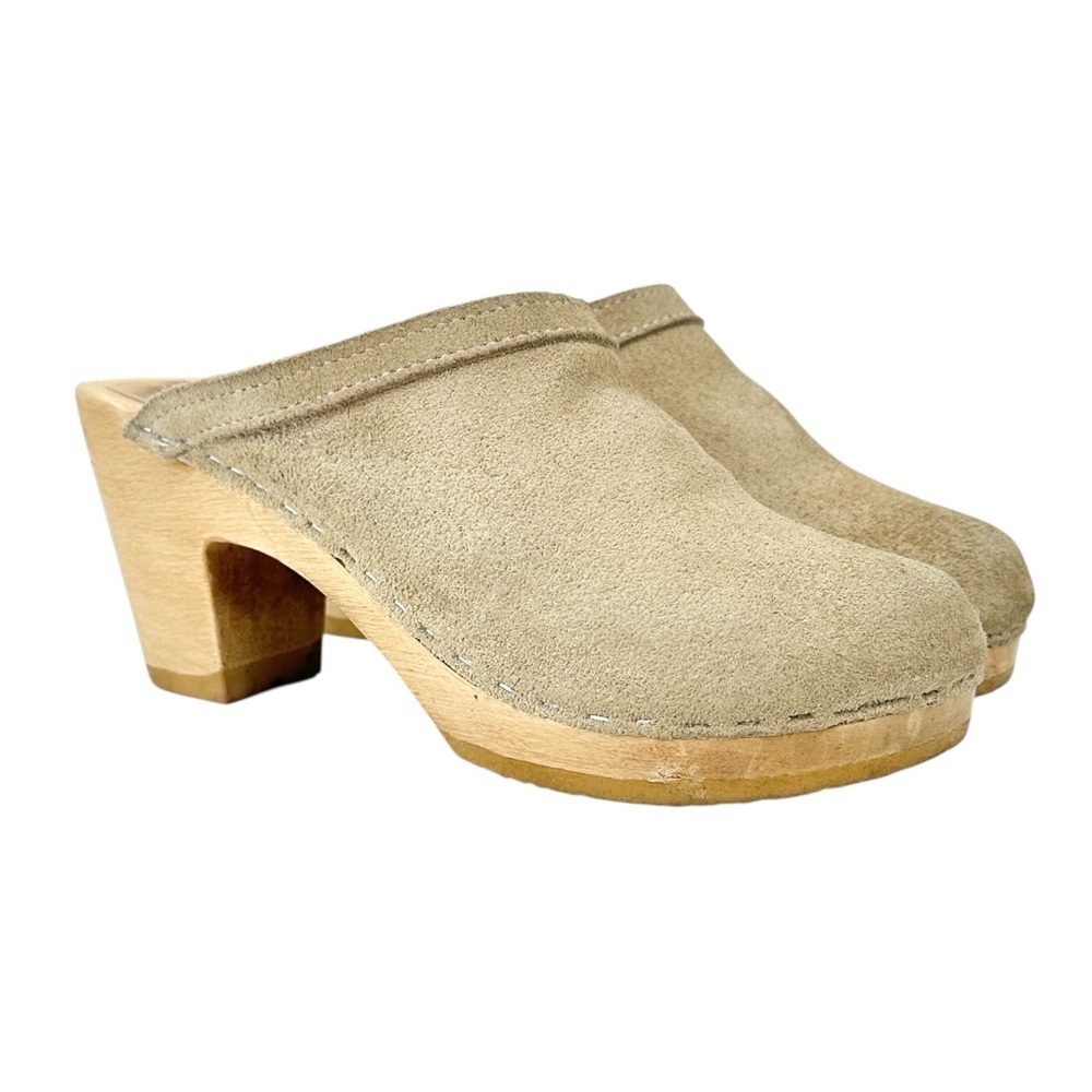 No. 6 Old School Clog On High Heel In Chalk Suede - Leather 3" Block Heel Clogs